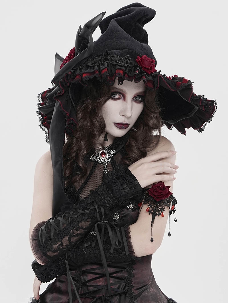 Black and Red Retro Gothic Rose Pointy Witch Hat