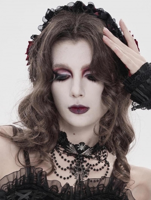 Black Gothic Rose Cross Beaded Chain Choker Necklace