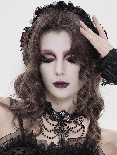 Black Gothic Rose Cross Beaded Chain Choker Necklace