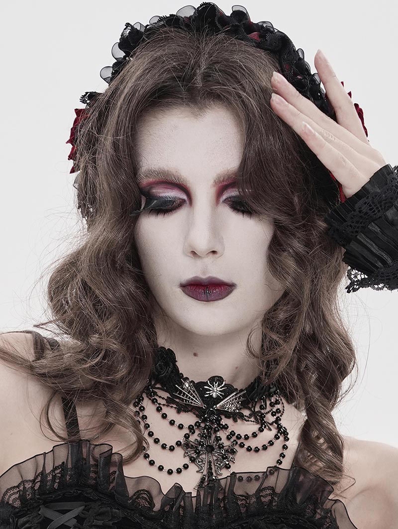 Black Gothic Rose Cross Beaded Chain Choker Necklace