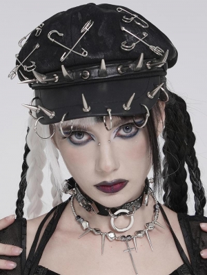 Black Gothic Punk Rivet Spiked Pin Hat with Rings