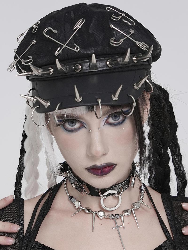 Black Gothic Punk Rivet Spiked Pin Hat with Rings
