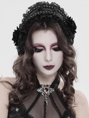 Black Gothic Rose Lace Bonnet Headband