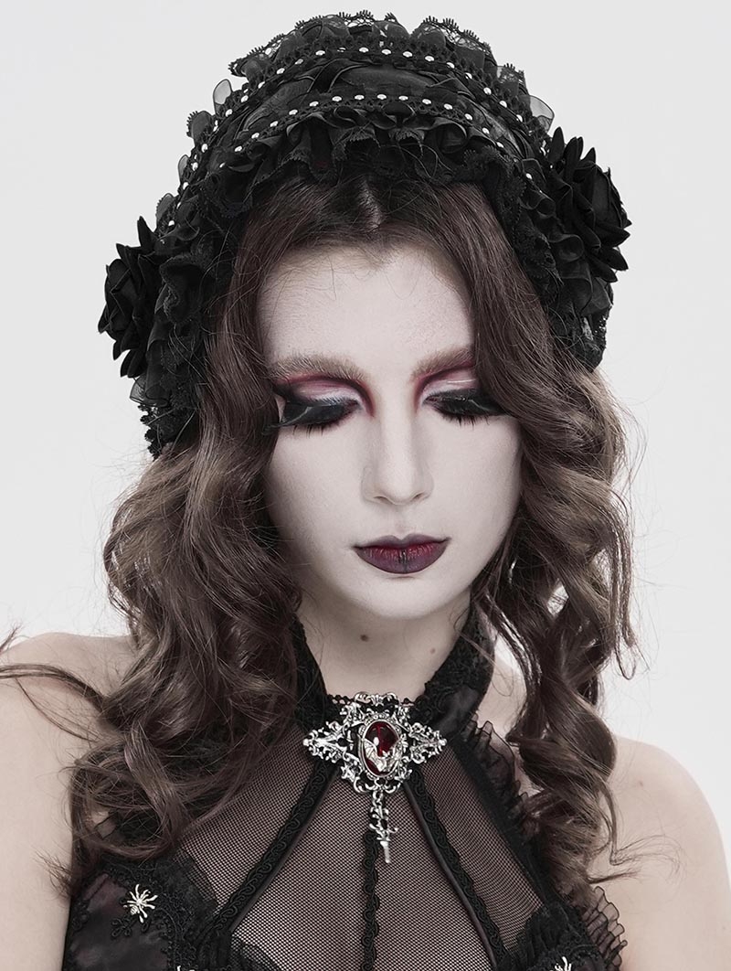 Black Gothic Rose Lace Bonnet Headband