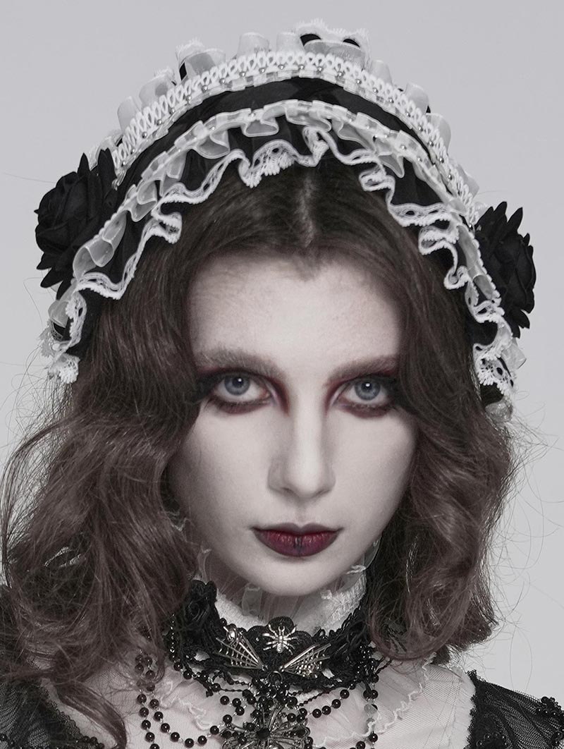 White and Black Gothic Rose Lace Bonnet Headband