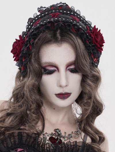 Black and Red Gothic Rose Lace Bonnet Headband