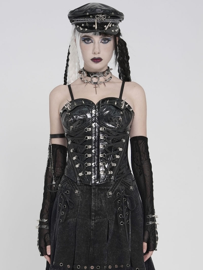 Black Gothic Punk Spiked Leather Corset Top for Women