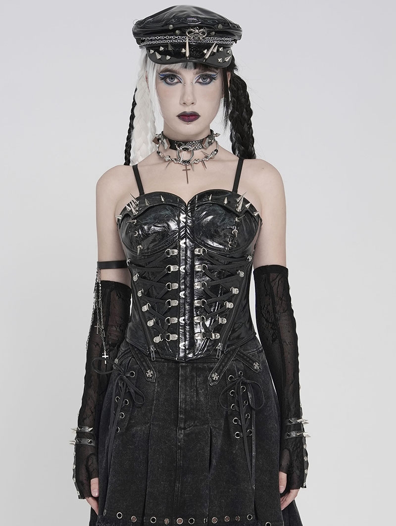 Black Gothic Punk Spiked Leather Corset Top for Women