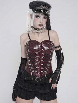 Dark Red Gothic Punk Spiked Leather Corset Top for Women