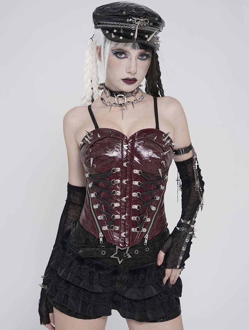 Dark Red Gothic Punk Spiked Leather Corset Top for Women