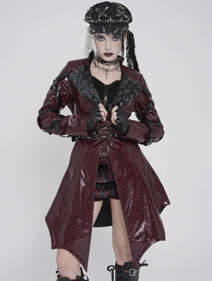 Red and Black Gothic Punk Batwing Hem Leather Jacket for Women
