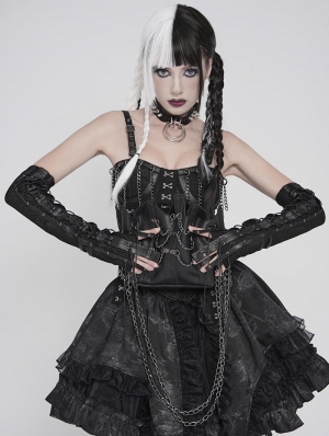 Black Punk Gothic Lace-Up Mesh Zip Gloves