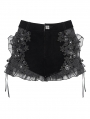 Black Gothic Flower Applique Ruffle Velvet Shorts for Women