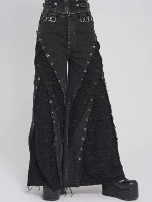 Black Gothic Distressed Eyelet Punk Wide Leg Pants for Women
