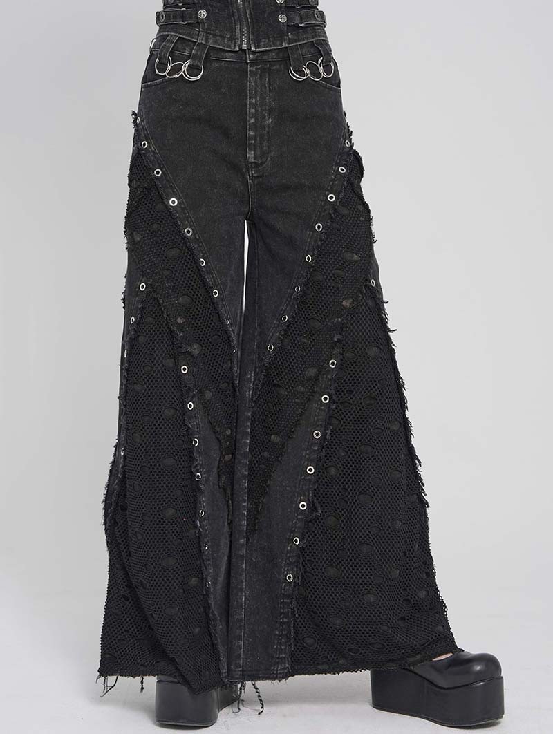 Black Gothic Distressed Eyelet Punk Wide Leg Pants for Women