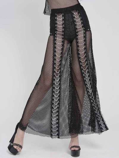 Black Gothic Punk Chained Mesh Perspective Pants for Women