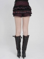 Red Gothic Plaid Fur Trim Frill Hot Pants for Women
