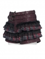 Red Gothic Plaid Fur Trim Frill Hot Pants for Women