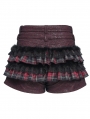 Red Gothic Plaid Fur Trim Frill Hot Pants for Women