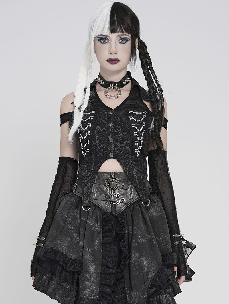 Black Gothic Punk Halter Off-Shoulder Irregular Top for Women