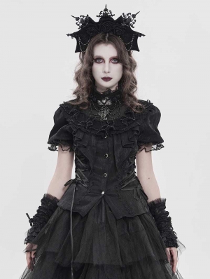 Black Retro Gothic Ruffles Lace Beaded Short Sleeve Shirt for Women
