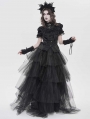 Black Retro Gothic Ruffles Lace Beaded Short Sleeve Shirt for Women