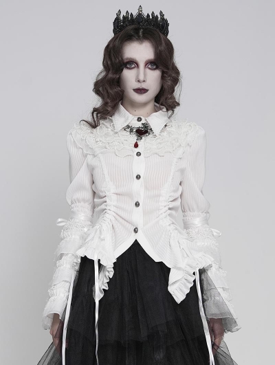 White Retro Gothic Long Flared Sleeve Beaded Ruffle Shirt for Women