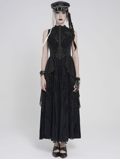 Black Gothic Cyberpunk Pattern Sleeveless Maxi Dress