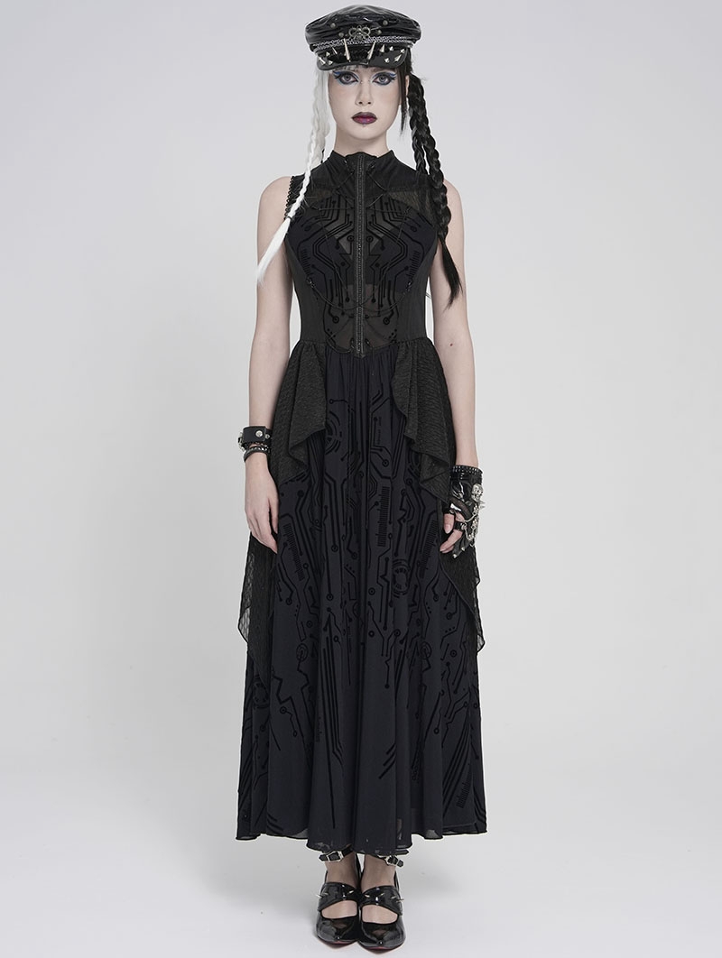 Black Gothic Cyberpunk Pattern Sleeveless Maxi Dress
