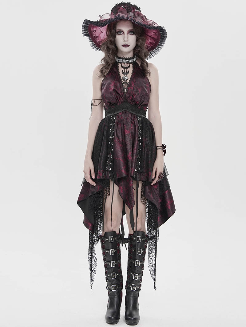 Black and Red Sexy Gothic Halter Cut Out Irregular Ruffle Dress