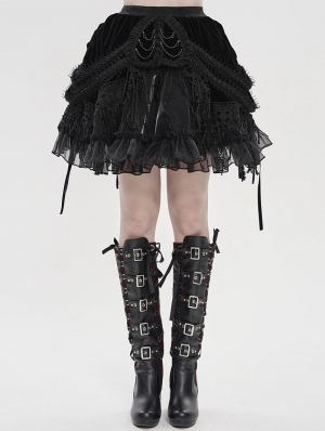 Black Gothic Velvet Embroidered Fringe Short Skirt