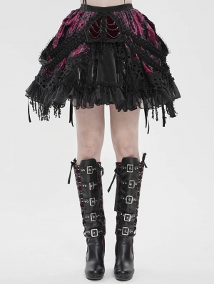 Black and Red Gothic Velvet Embroidered Fringe Short Skirt