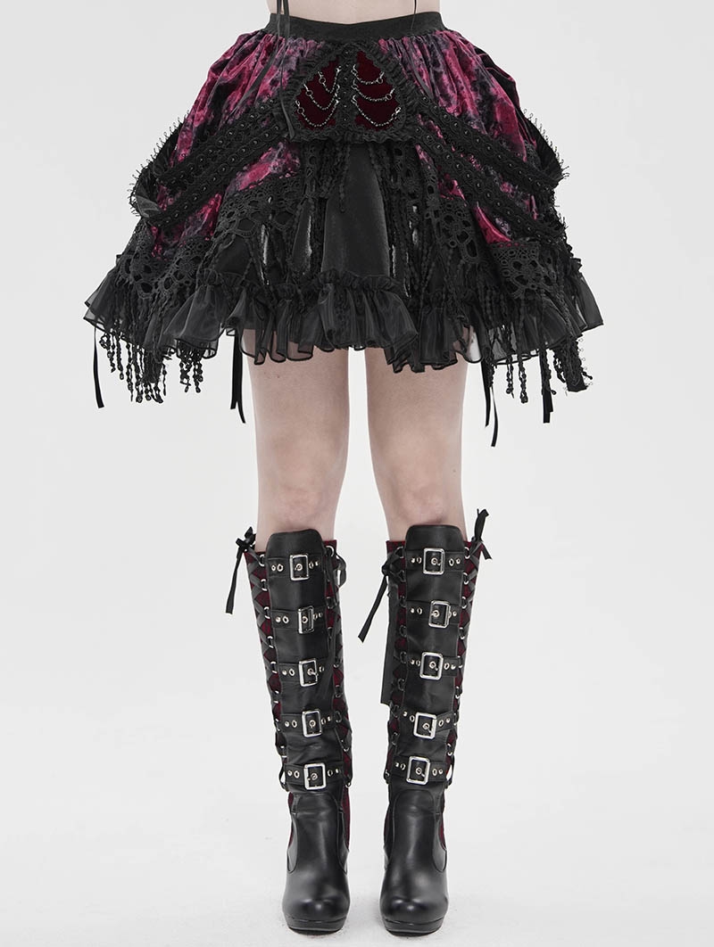 Black and Red Gothic Velvet Embroidered Fringe Short Skirt