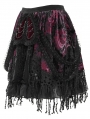 Black and Red Gothic Velvet Embroidered Fringe Short Skirt