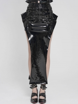 Black Sexy Gothic Punk Eyelet Split Glossy Leather Long Skirt
