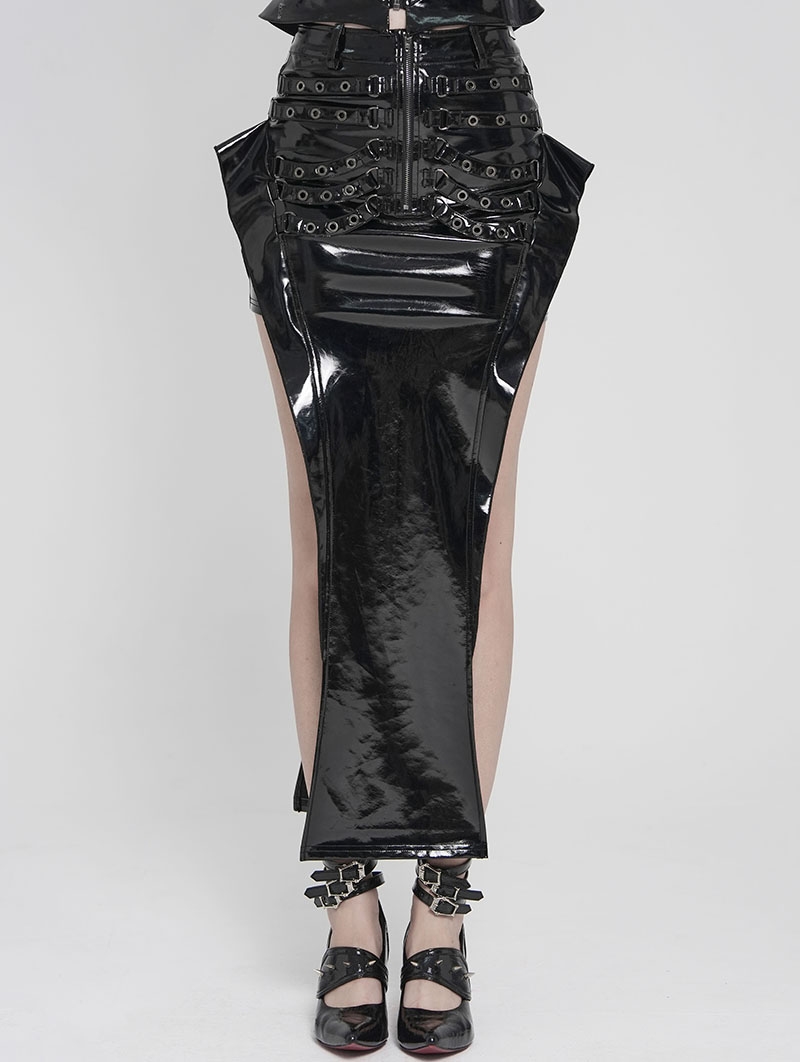 Black Sexy Gothic Punk Eyelet Split Glossy Leather Long Skirt