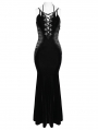 Black Retro Sexy Gothic Plunging Strappy Velvet Long Fishtail Dress