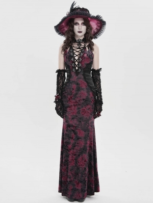 Black and Red Retro Sexy Gothic Plunging Strappy Velvet Long Fishtail Dress
