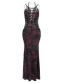 Black and Red Retro Sexy Gothic Plunging Strappy Velvet Long Fishtail Dress