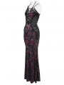 Black and Red Retro Sexy Gothic Plunging Strappy Velvet Long Fishtail Dress