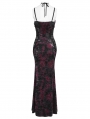 Black and Red Retro Sexy Gothic Plunging Strappy Velvet Long Fishtail Dress