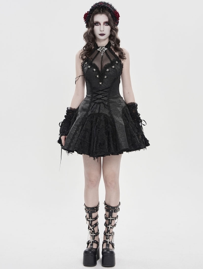 Black Gothic Mesh Spliced Halter Short Party Dress