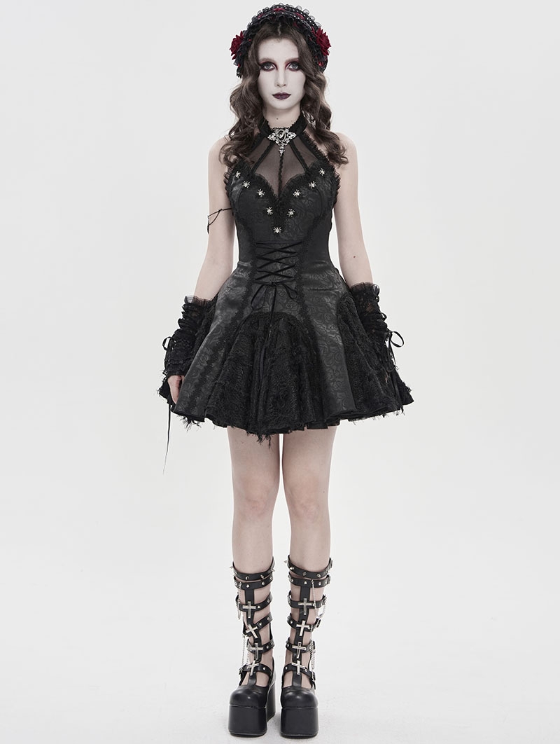 Black Gothic Mesh Spliced Halter Short Party Dress