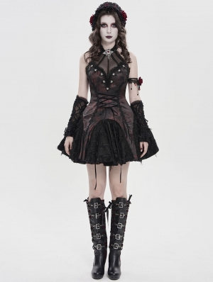 Black and Red Gothic Mesh Spliced Halter Short Party Dress