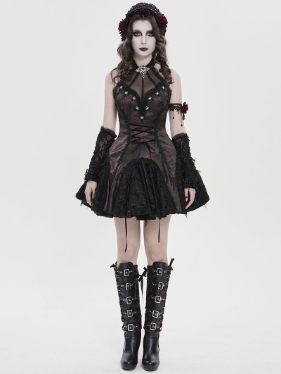 Black and Red Gothic Mesh Spliced Halter Short Party Dress