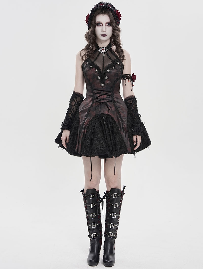 Black and Red Gothic Mesh Spliced Halter Short Party Dress