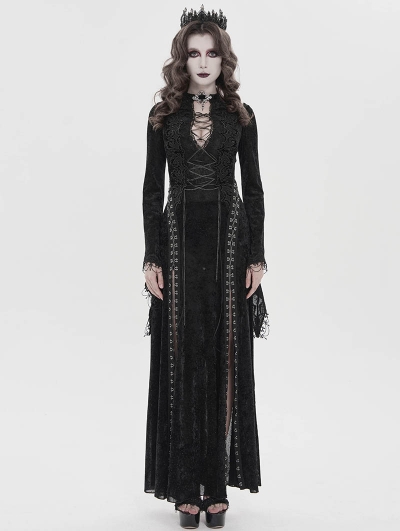 Black Sexy Gothic Deep V-Neck High Slit Velvet Maxi Dress
