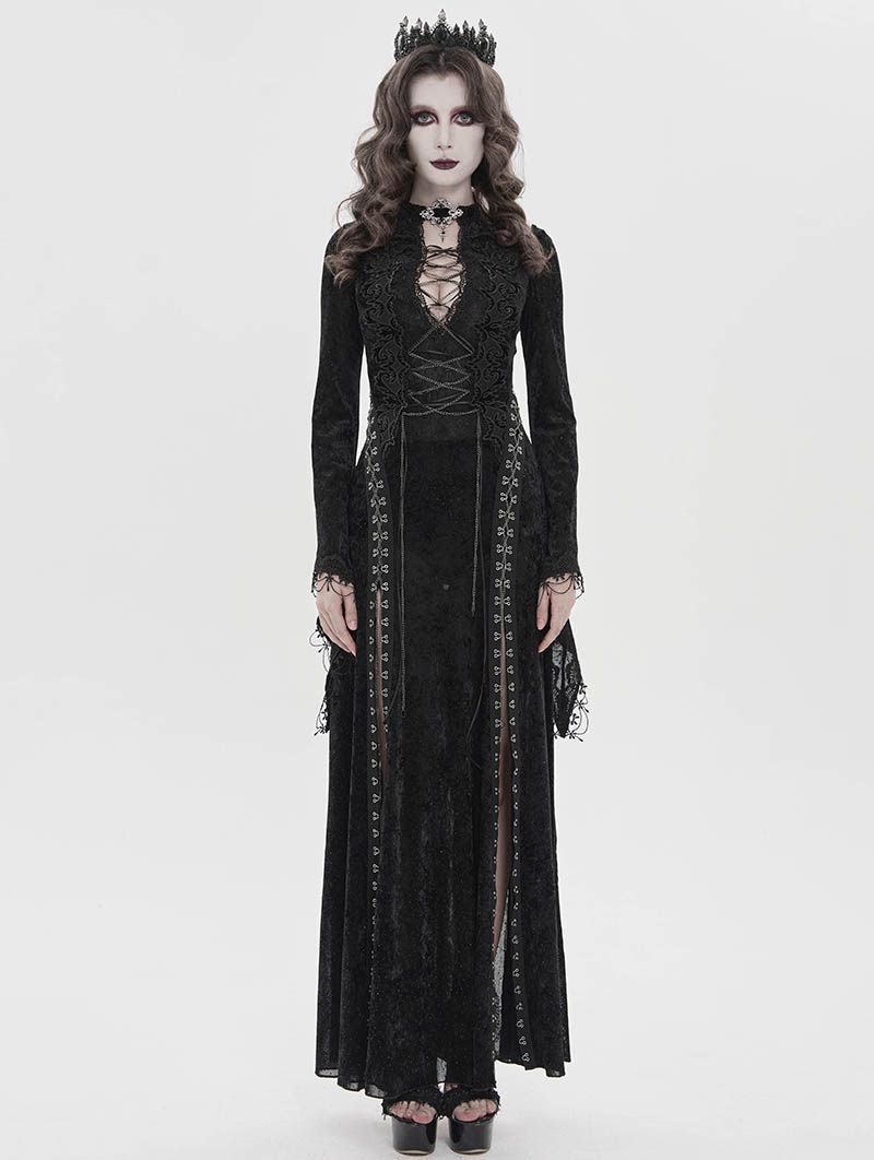 Black Sexy Gothic Deep V-Neck High Slit Velvet Maxi Dress