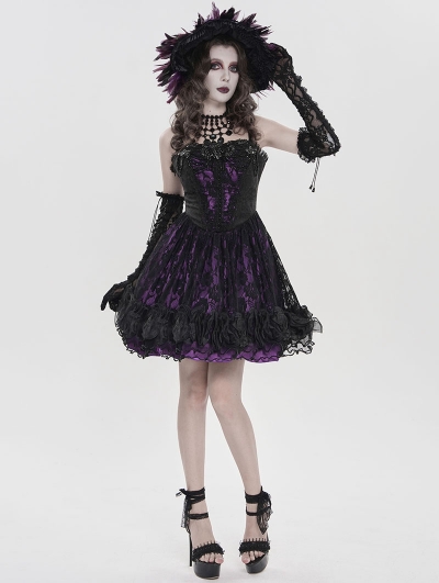 Black and Purple Gothic Beaded Floral Lace Short Party Dress