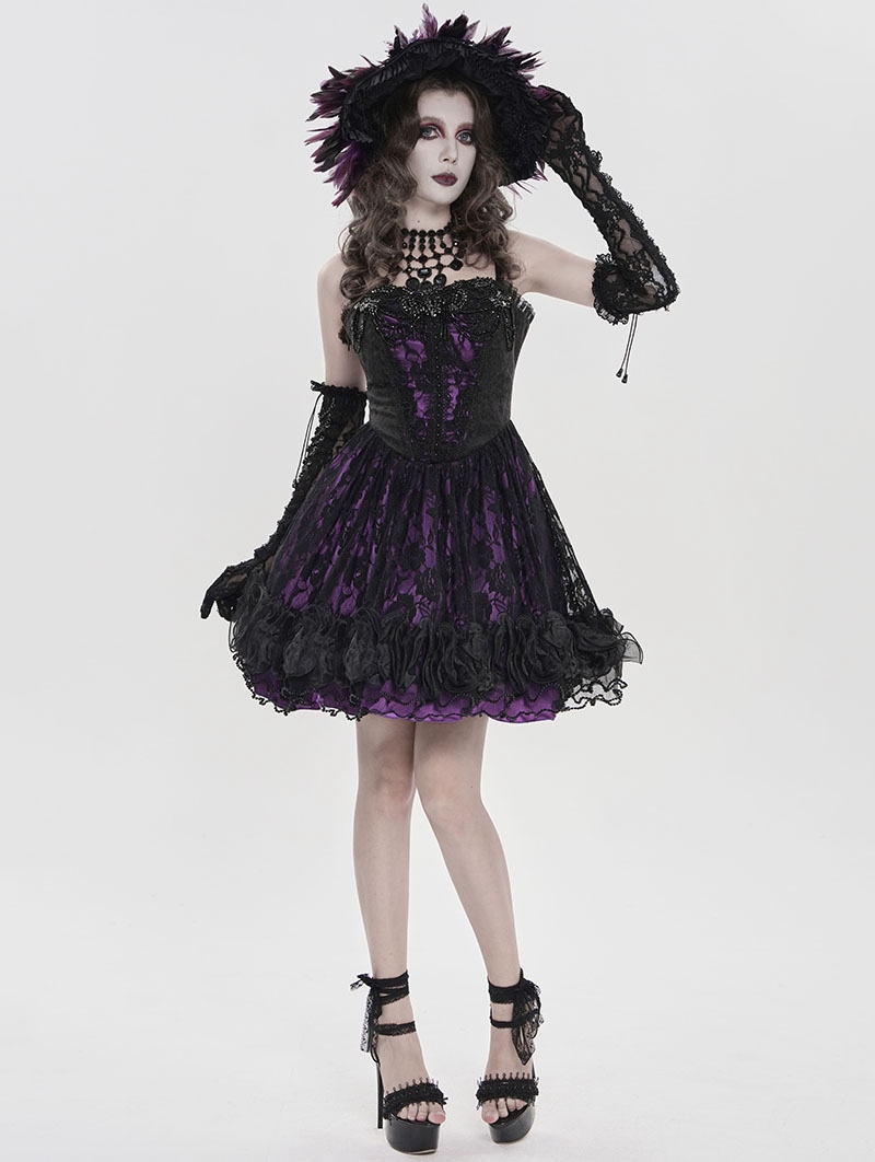 Black and Purple Gothic Beaded Floral Lace Short Party Dress